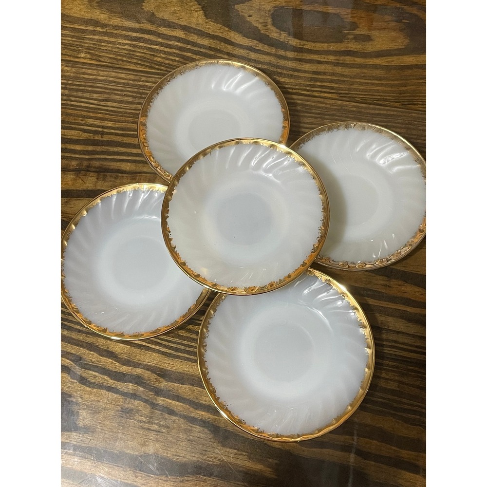 Fire-King Swirl Saucers Set of 5 White Gold Trim Vintage Milk Glass Good 22k Rim